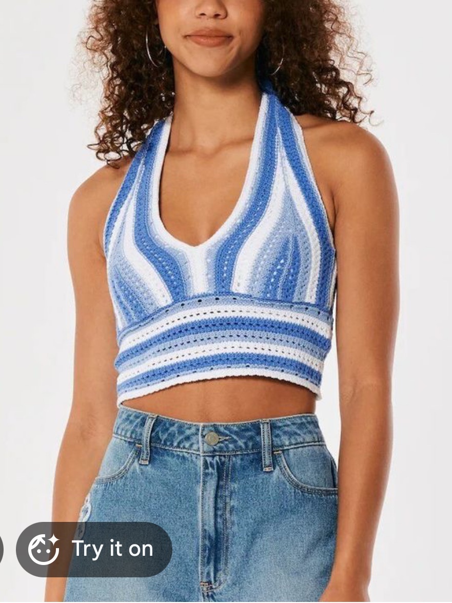 Hollister Blue And White Striped Crochet Halter Top